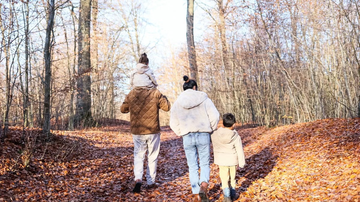 A family of four strolling on a leaf-covered path in a fall forest.