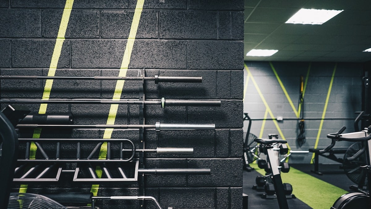 a gym with a wall of exercise equipment